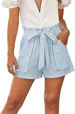 Women's Casual Elastic Waist Open Leg Stripe Belted Paper Bag Shorts XS~XL