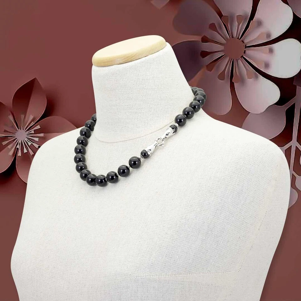 Collana Onice sfere naturale girocollo donna pietre dure argento testa cavallo - Immagine 4 di 4