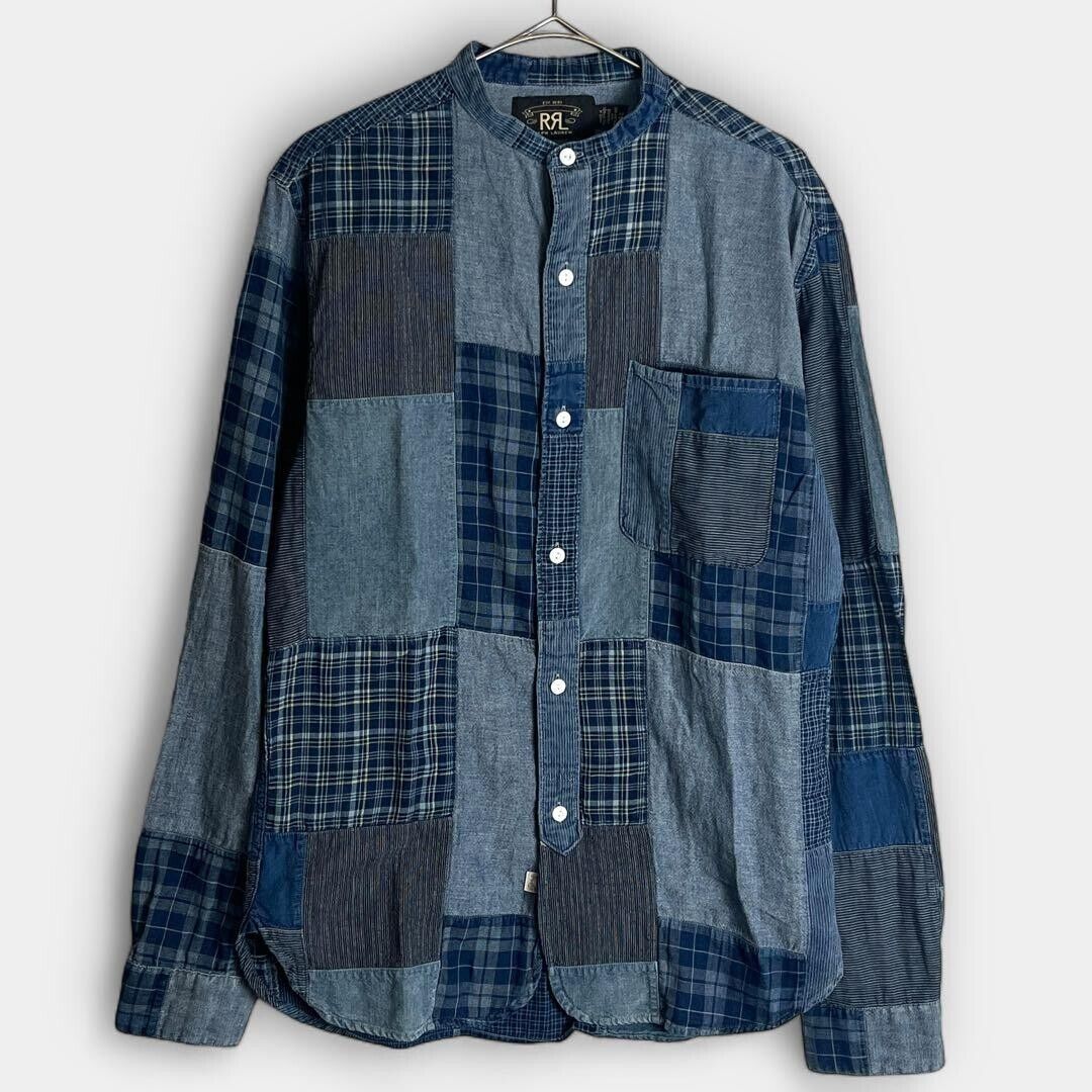 RRL RALPH LAUREN INDIGO PATCHWORK Band Collar Shirt Tops Men RRL RALPH LAUREN INDIGO PATCHWORK Band Collar Shirt Tops Men