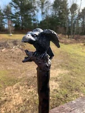 Perched Raven On A Gnarled Tree Branch Hand Carved Spiral Walking Stick 