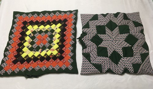 Vtg 2 Polyester Fabric Pieced Quilt Style Throw Pillow Cover 18"x18" Cottagecore