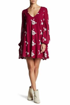 Free People Peasant-Sleeve Embroidered Shift Dress - Purple S Free People Peasant-Sleeve Embroidered Shift Dress - Purple S
