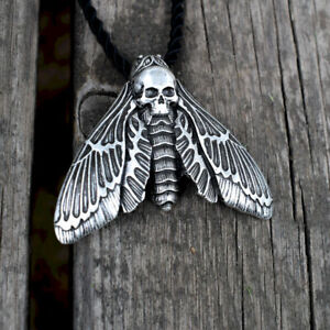 Antiqued Silver Plate Death Head Skull Hawk Moth Pendant Necklace.