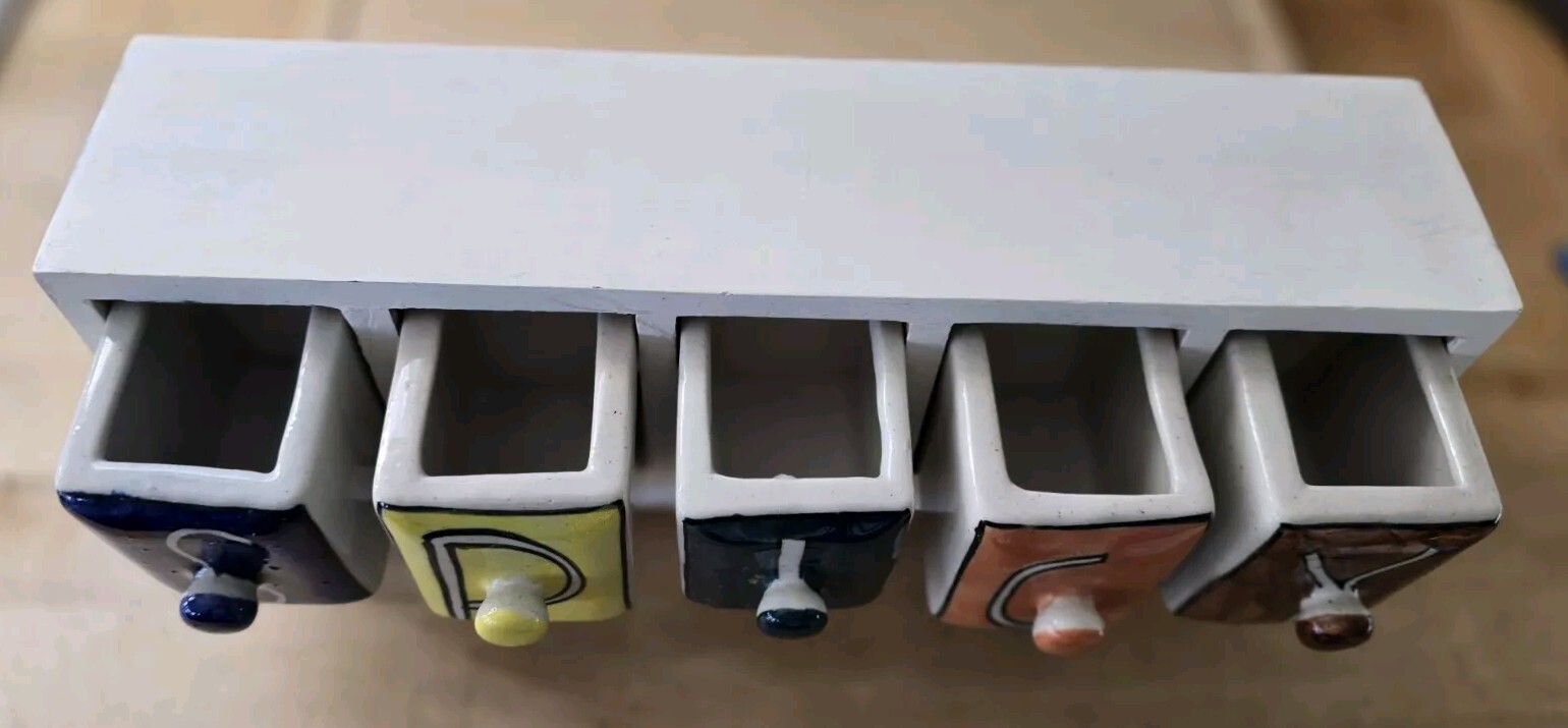 Wooden Spice Caddy Stand Cabinet 15" 5 Ceramic Spice Drawers Fuctional & Decor 