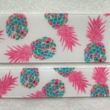 Pink Pineapples on white Grosgrain ribbon BTY 5/8" 7/8" 1.5" Palm Beach
