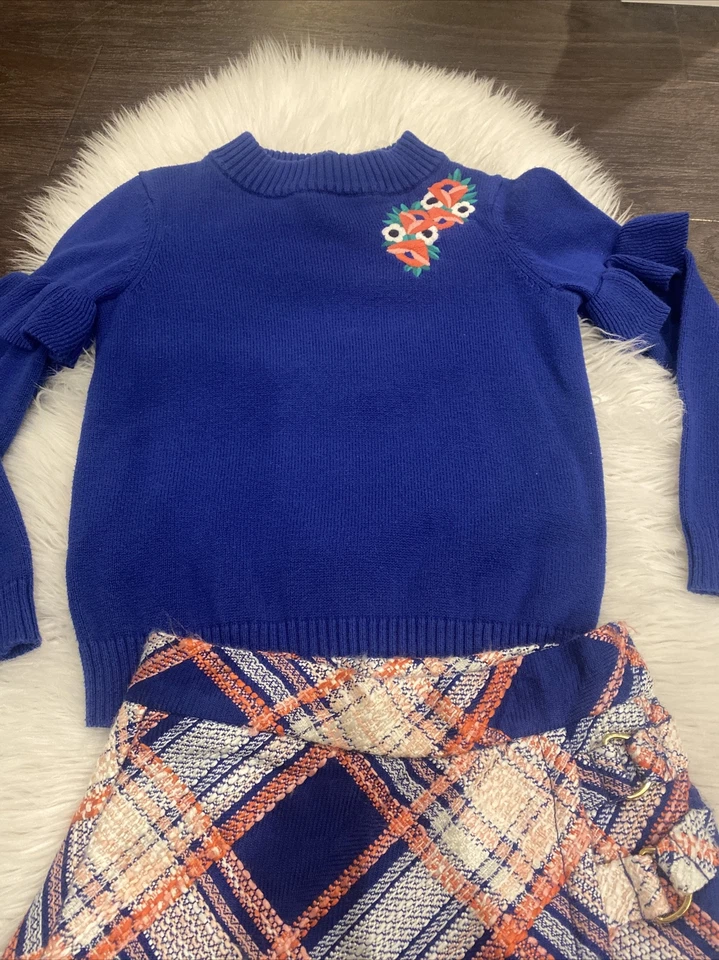 Janie and Jack Niñas 6 6Y Azul Rosa Volantes Amapola Suéter Cuadros Tweed Falda Usado en Excelente Condición Foto 2 de 4