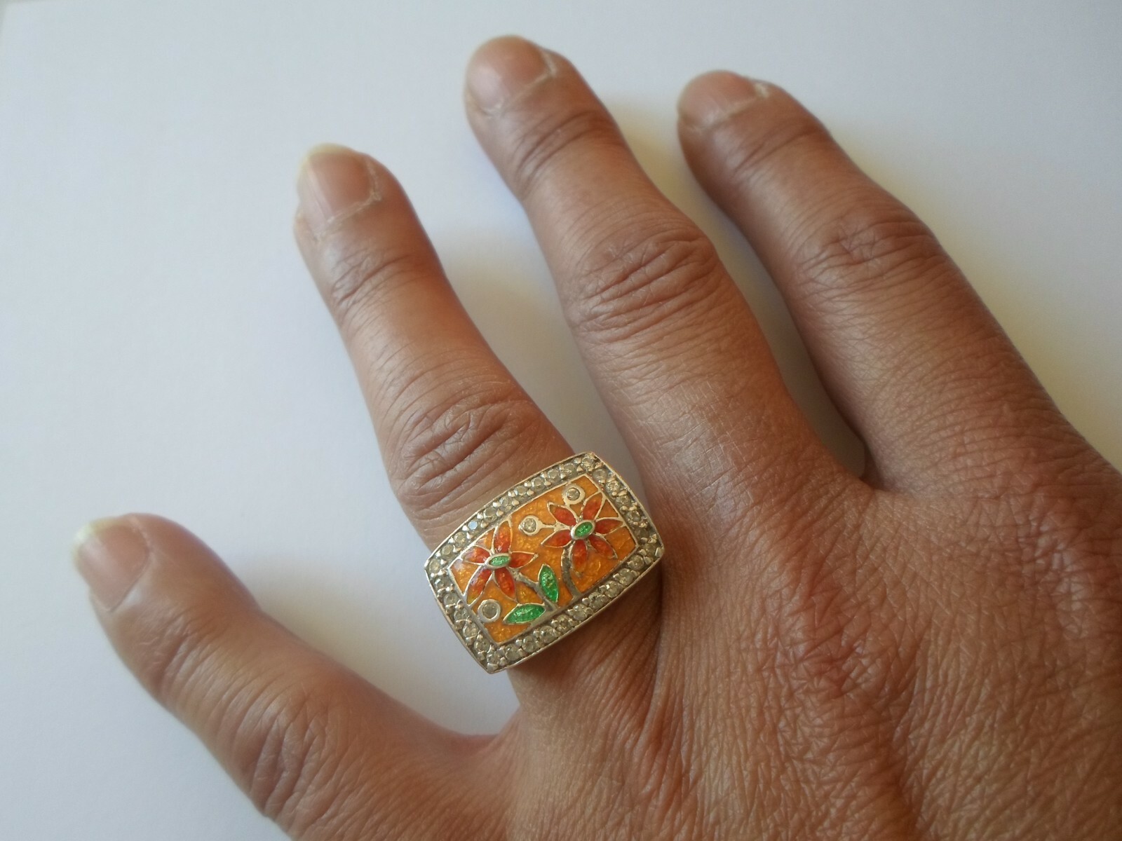 solid silver ring, knight, floral paint, zirconiu… - image 1