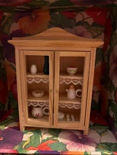 Dollhouse Hutch Natural Wood 3 Shelves and Contents 2 Door Hutch Furniture