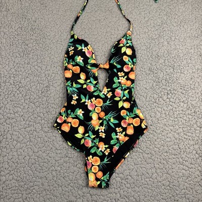 Xhilaration Womens Citrus Floral Tie Neck One Piece Swimsuit Black Medium