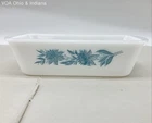 Vintage Milk Glass Loaf Pan Blue Floral Daisy Design White 1.5 Quart