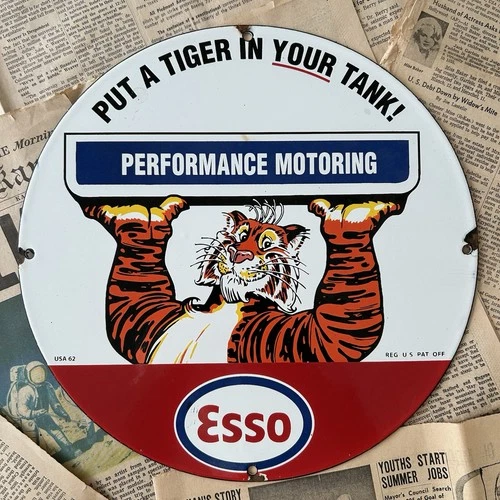VINTAGE 1962 ESSO TIGER PERFORMANCE MOTORING 12 INCH PORCELAIN ENAMEL SIGN