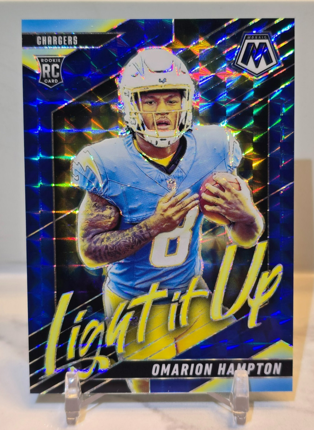 OMARION HAMPTON ROOKIE RC 2025 Panini Mosaic Light It Up BLUE PRIZM /99 Chargers