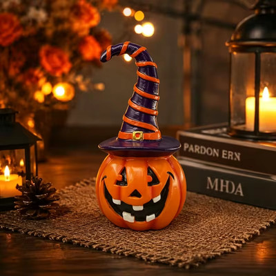 Halloween Pumpkin Witch Hat Figurine Resin Jack O Lantern Spooky Tabletop Decor