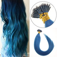 Nano Ring Tip Human Hair Extensions Nano Micro Beads Link Remy Hair Blue 24inch
