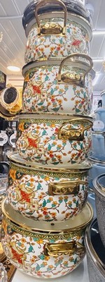 5tlg Emaillegeschirr Kochtopf Emaille Suppentopf mit Glasdeckel Blumen Retro Geschenkset
