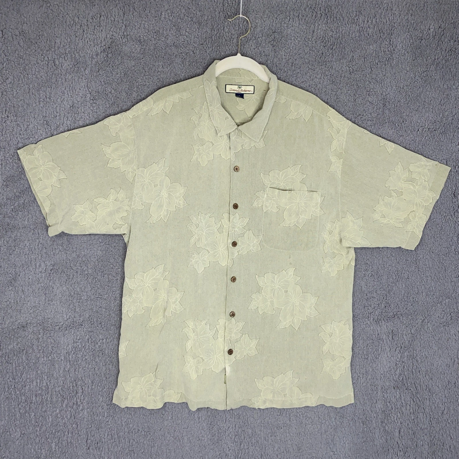 Tommy Bahama 100% Silk Hawaiian Floral Button Down Olive Green Men’s XL