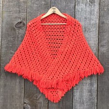 Vintage 70s Crochet Boho Fringed Shawl Red-Orange One Size