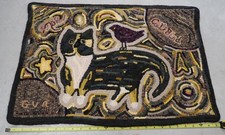 Hand Hooked Wool Rug Folk Art Cat Bird Primitive 19x27 Signed Grace Ayres A4