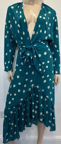 Maxi Vestido ADRIANA DEGREAS Azul y Azul Pálido Seda Cuello en V Lunares Cinturón Midi - Imagen 2 de 11