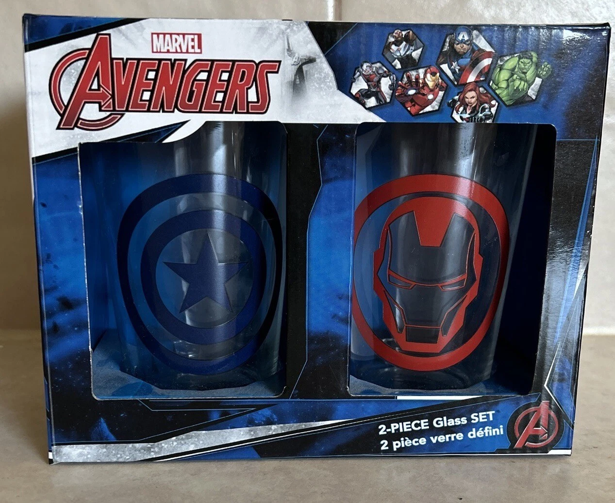 Marvel Avengers 2 Piece 16 oz Glass Set  Iron Man  Captain America  NEW!