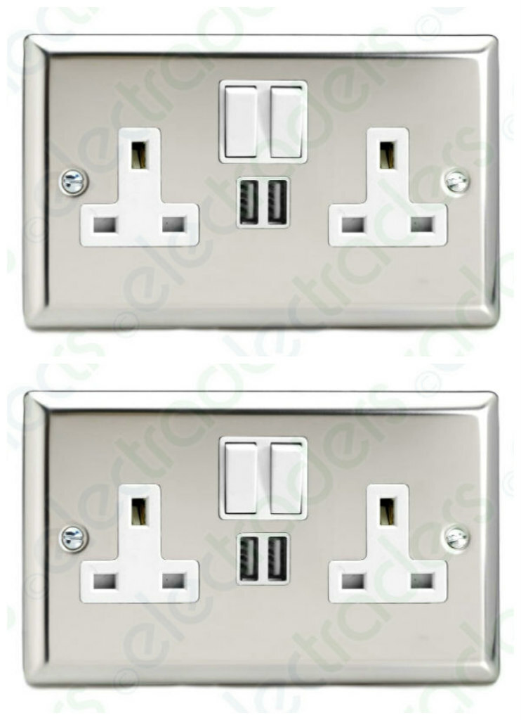 2 x Varilight XC5U2SW Switched Sockets 2 Gang & USB 2.1A Mirror Chrome White