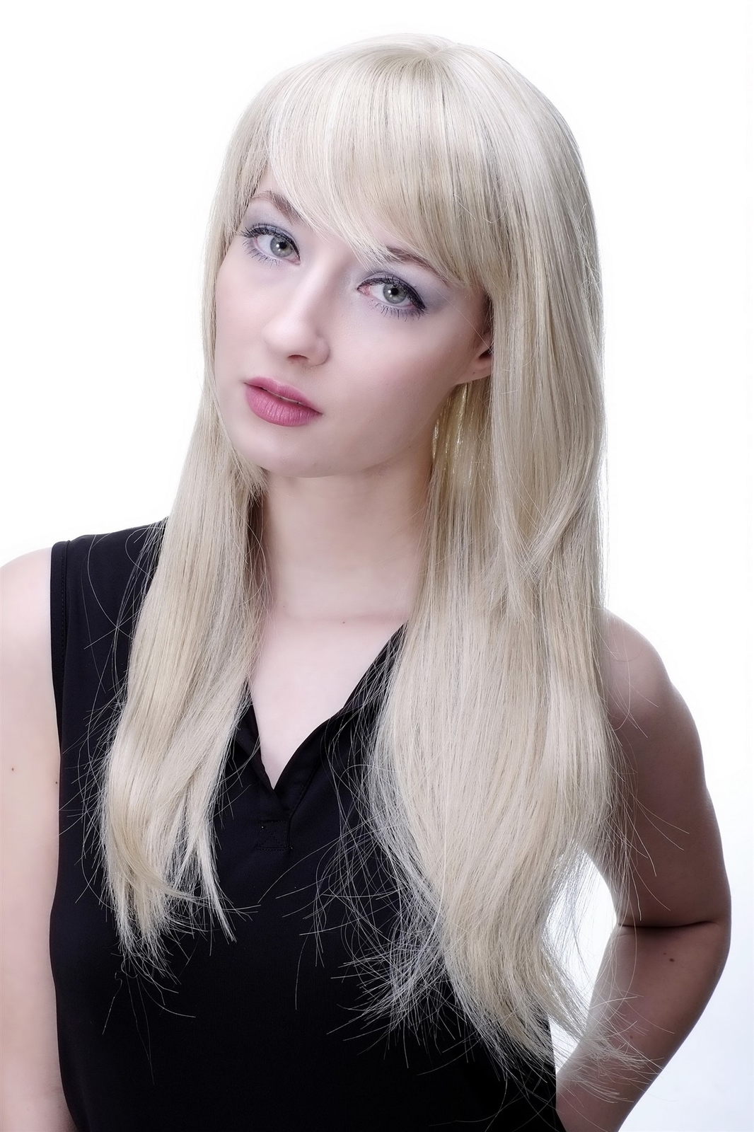 Wig with enchanting variable bangs or parting light blonde long 3280-22