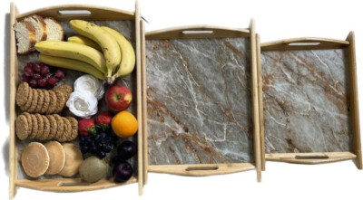 3 Serviertabletts Bambus Serviertablett Set Frühstückstabletts mit Marmoroptik Motiv