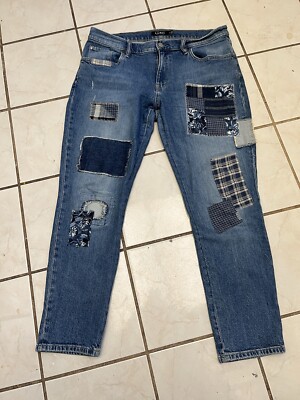 LAUREN RALPH LAUREN Light Wash PATCHWORK High Rise Tapered Leg Jeans Sz 10