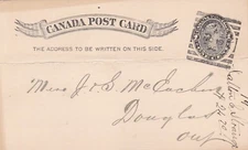Canada 1896 Kingston Squared Circle on 1c PSC to Douglas Ont