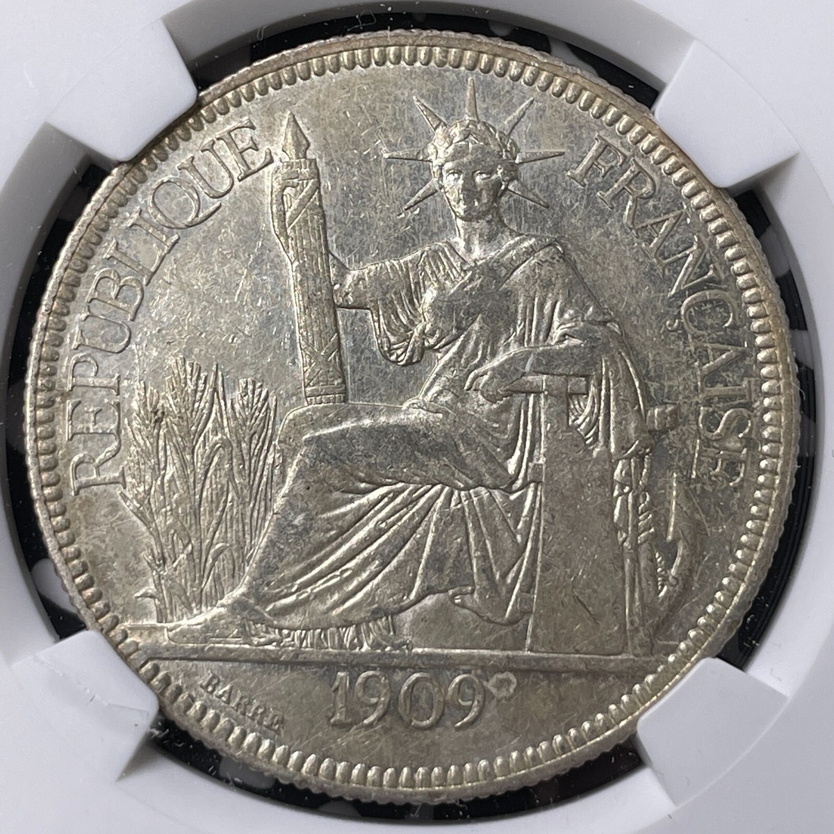 1909-A French Indo-China 1 Piastre NGC AU58 Lot#G9481 Large
