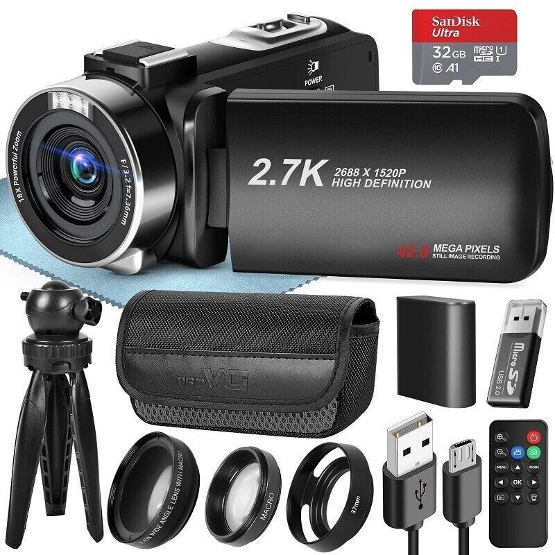 NBD Video Camera Camcorder Ultra HD 2.7K 42MP 18X With 32GB TF tripod