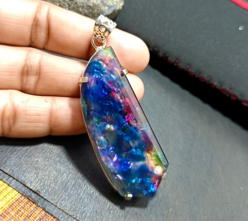 Certified 93.95 Ct Natural Ammolite 925 Solid Silver Rainbow Pendant Gemstone - Picture 9 of 9