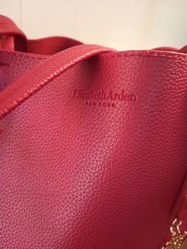 Elizabeth Arden Red Tote Bag Faux Pebble Leather Removable Gold Snowflake - Picture 5 of 10
