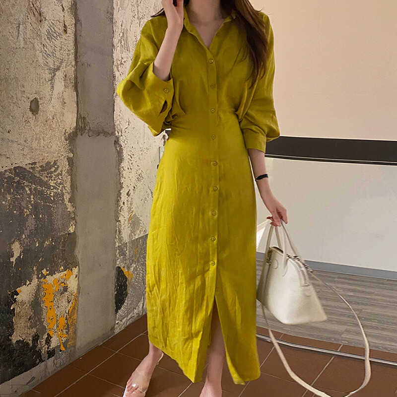 Women Button Down Shirt Dress Lapel Lantern Sleeve Maxi Dress Belted Slim |  eBay