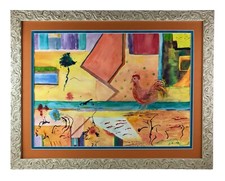 Original Abstract Impressionist Watercolor Rooster Painting Framed 38 x 29"