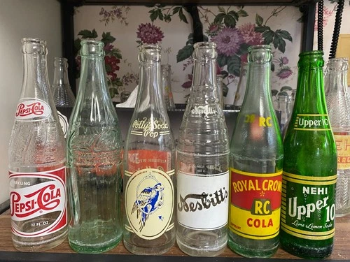 6 Different Vintage Soda Bottles - Pepsi, Coke, Polly's Soda Pop, Nesbitt's