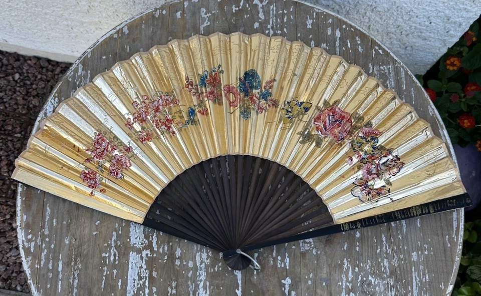 Vintage Asian-Style Hand-Painted Floral Folding Fan Wall Decor - Image 2 of 4