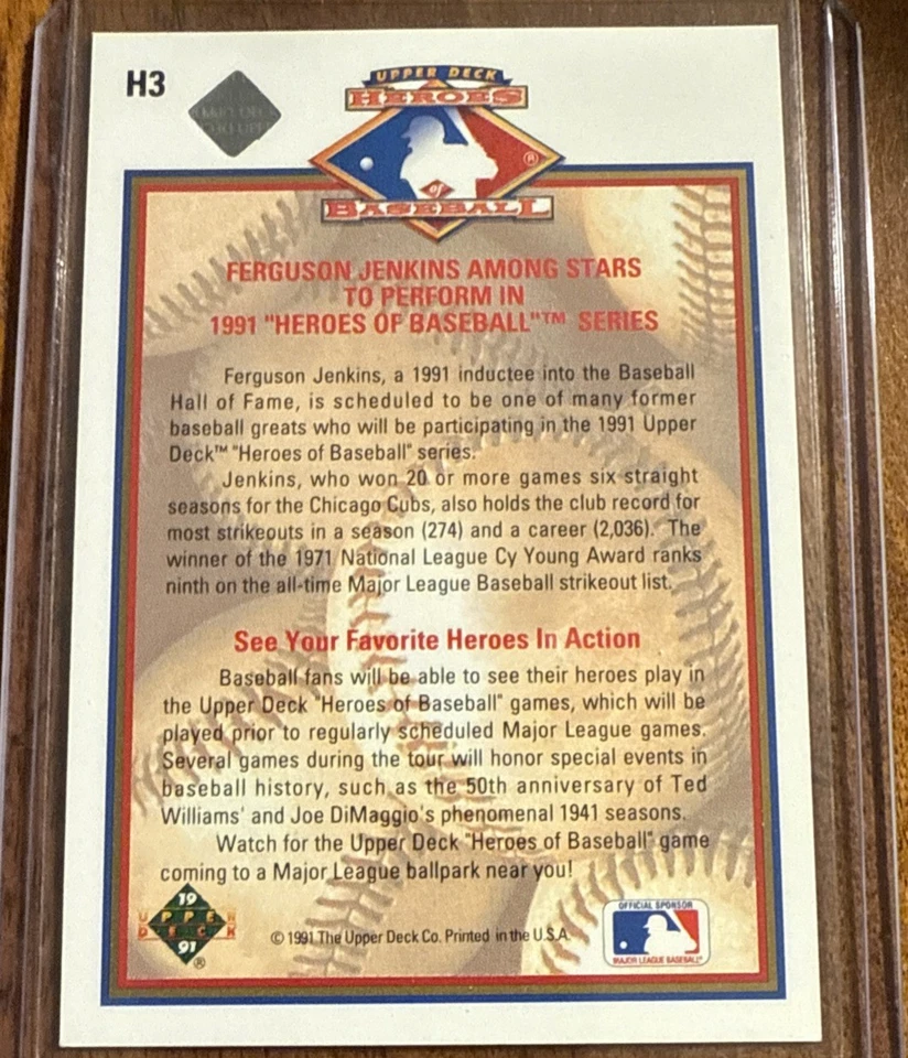 1991 Upper Deck FERGIE FERGUSON JENKINS Heroes Of Baseball Autograph /3000 Auto - Image 2 of 2