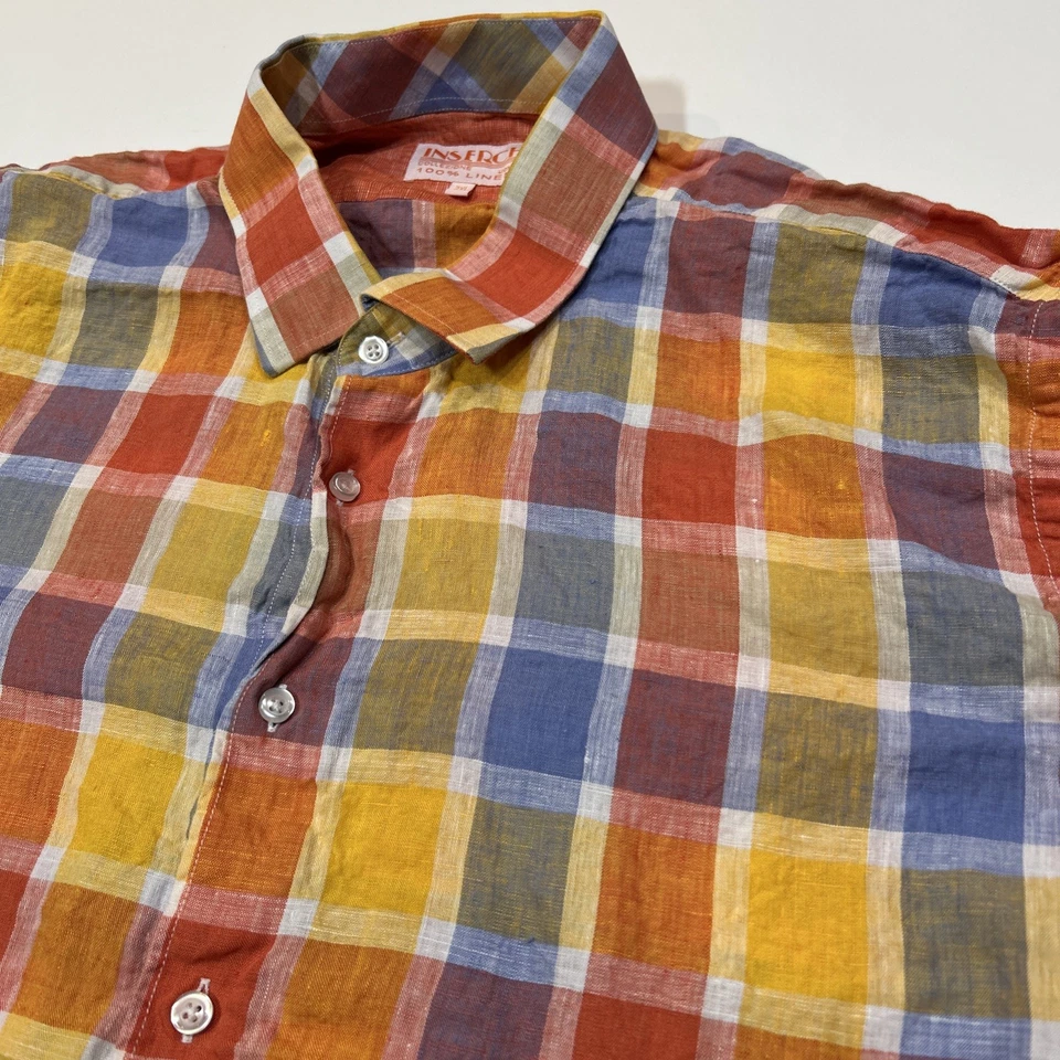 Inserch Linen Shirt Mens Size 3XL Long Sleeve Orange Plaid Button Up - Image 3 of 4