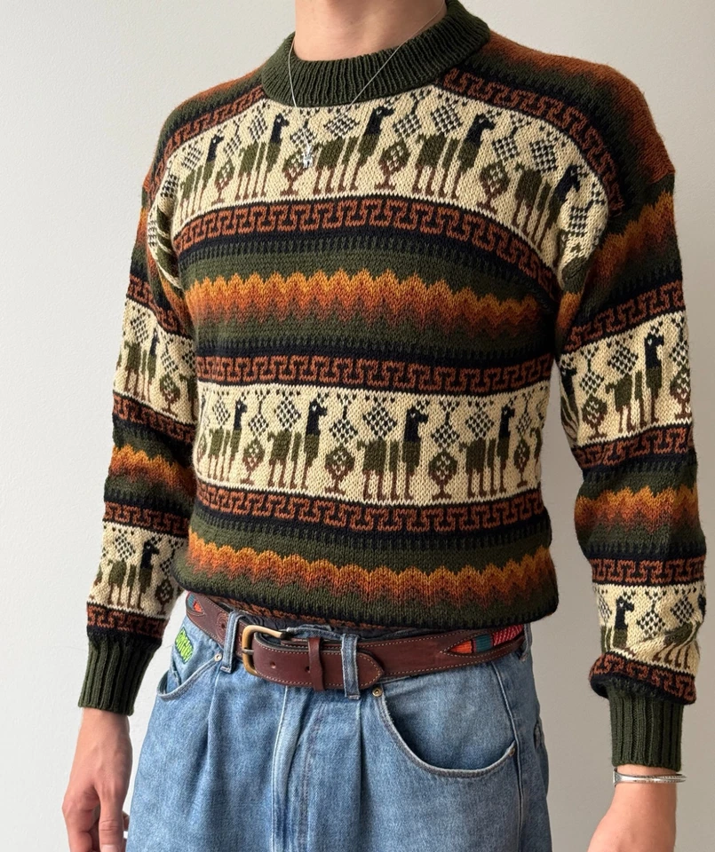 Alpaka Pullover Braun mit Muster Gr M Handgestrickter Alpaka Wollpullover aus Pe - Bild 2 von 4