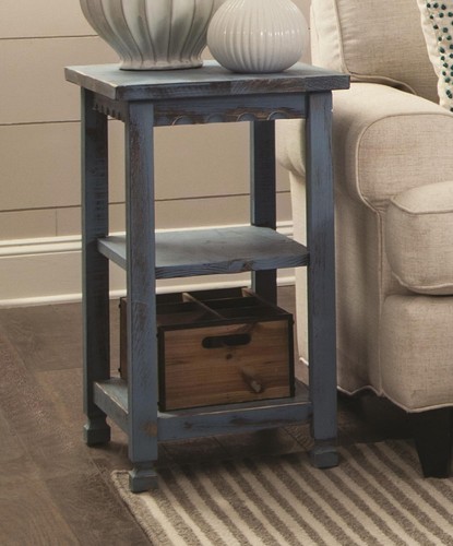 Rustic Cottage End Table with 2 Shelves - Farmhouse Style | 15D Blue Antique  - Picture 2 of 6