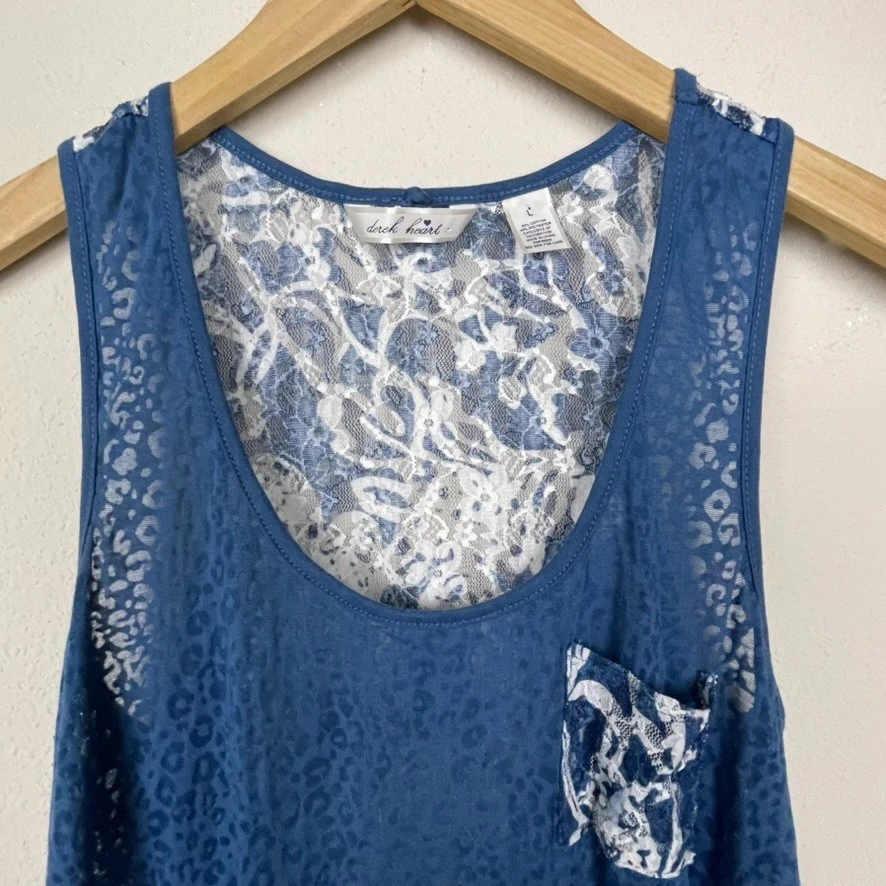 Regata Derek Heart Burnout azul-petróleo renda recortada tamanho L Y2K Longline 60/40 algodão - Imagem 2 de 4