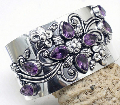 925 Sterling Silver Purple Amethyst Gemstone Handmade Jewelry Cuff Bracelet-ADJ