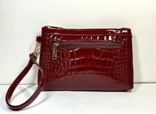 Dasein Clutch Dark Red Shiny Faux Leather Gold Colored Zipper