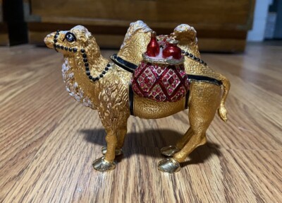 3  Elegant Bejeweled Gold Camel Storage Figurine Ruby   Red Shiny with Trinket