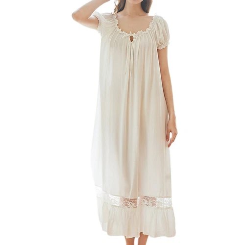 Camisón de mujer princesa manga corta cuello cuadrado algodón suave vestido largo para dormir - Imagen 3 de 34