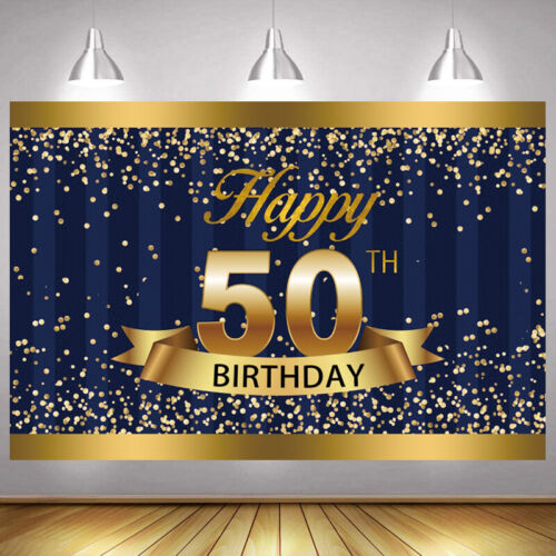 Blue Gold 50th Backdrop Women Happy Birthday Party Fifty Photo Background  Banner | eBay