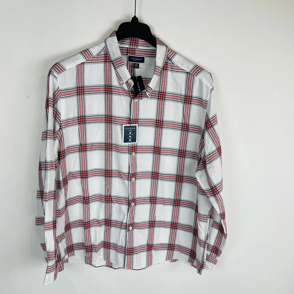 Nueva Camisa Club Room Para Hombre Talla Pequeña 14-14 1/2 Calce Ajustado Blanca Roja Manga Larga Nueva con Etiquetas Foto 2 de 4