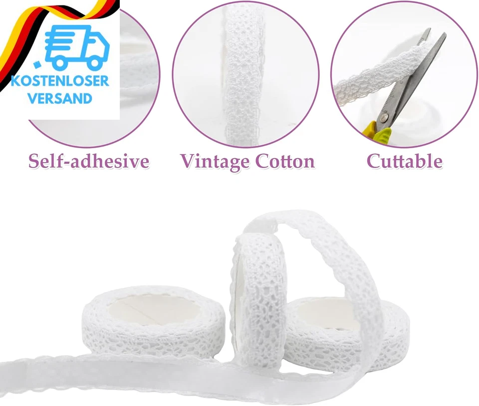 3 Rollen Spitzenband Weiß Vintage Selbstklebend Dekoband Spitze Band, Deko Spitz - Bild 2 von 4