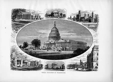 WASHINGTON DC Gov't Bldgs 1874 Antique Woodcut engraving
